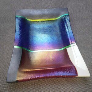 Dichroic Green and Iridescent Blue Purple Red Fused Art Glass Tray